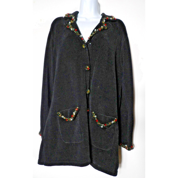 J Two New York Cardigan Sweater Chenille Sweater XL Black Beaded Artsy NWT Matur - Picture 2 of 16
